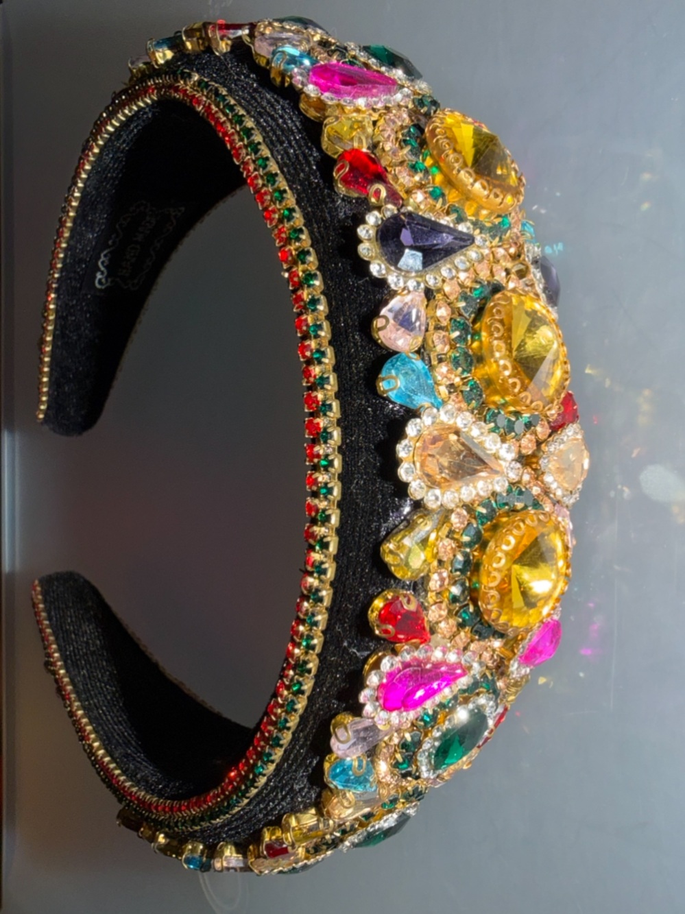 Handmade Fabulous Glass Rhinestone Bling Headband Black Velvet Runway Piece - Picture 3 of 6